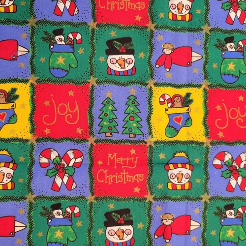 Cotton Fabric Christmas Squares Snowman Tree Candy Cane Joy 18 x 44” Holiday  - Picture 10 of 14