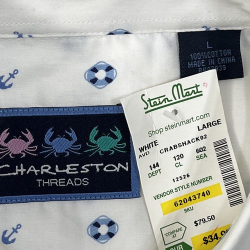 New Charleston Threads Blue White Anchor Long Sleeve Button Down Shirt Sz L   T5 - Picture 4 of 8