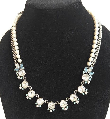 Loft Necklace Art Deco Hexagon Womens 22" Inches Faux Pearls Silver Sparkle