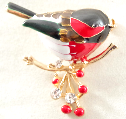 Highly Dimensional! CHICKADEE BIRD ON BRANCH RHINESTONE ENAMEL & GOLD BROOCH PIN - Picture 8 of 17
