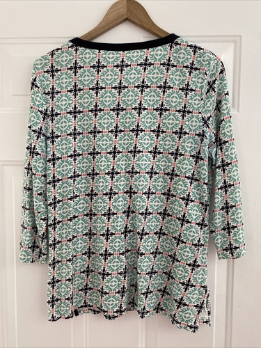 TALBOTS 3/4 Sleeve Green & Navy Blue Geometric Design Top - Size M Petite - Picture 2 of 3