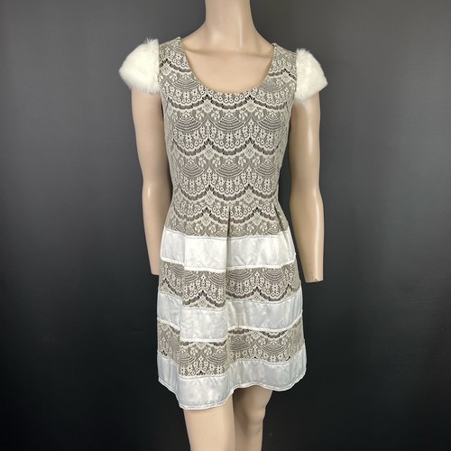 Traffic People Dress L Womens Black White Fur Sleeve Lace Sheath Designer Zip
