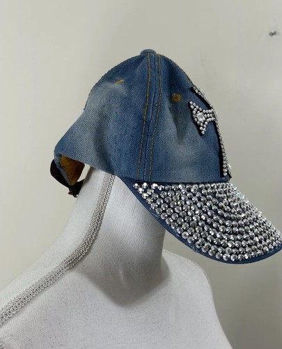 NWT Indigo Soul Distressed Rhinestone Cross Baseball Cap Blue Denim Bling Hat - Picture 3 of 12