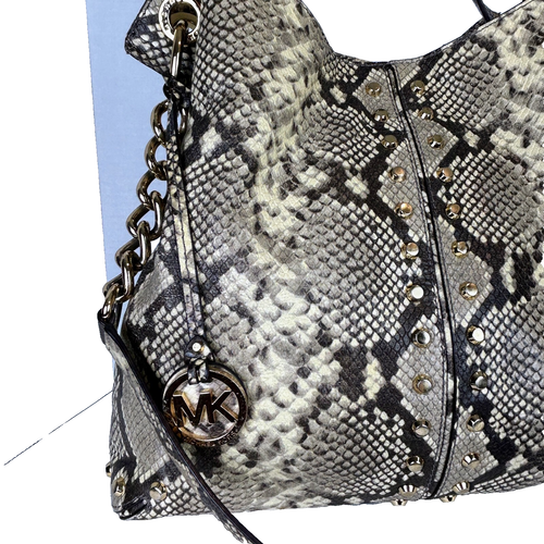 Michael Kors Astor Studded Python Snakeskin Tote Bag Shoulder Purse Beige Black - Picture 3 of 24