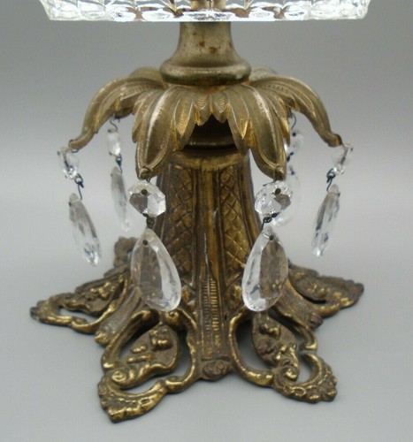 Vintage Cut Glass Oval Bowl On Gold Tone Metal Base Dangling Teardrop Crystals - Picture 7 of 11