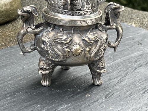 Chinese Buddhist Old Silver Dragon Lion Statue Incense Burner with Lid - Picture 11 of 14