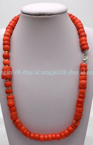 "Hermoso Encantador Collar de Cuentas de Piedras Preciosas de Coral Naranja de 6X10 mm Joyería 18" - Imagen 8 de 12