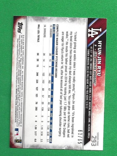 2016 Topps schwarz #293 Hyun-Jin Ryu /65 Los Angeles Dodgers - Bild 2 von 2