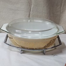 Pyrex 045 Beige Zarza Dorado Rollo Ovalado Cazuela Plato Tapa Soporte Cuna 2.5qt