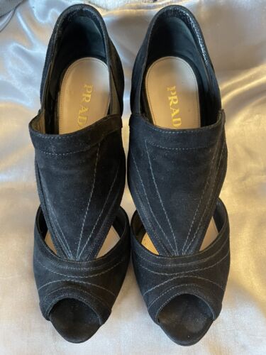 Prada 39 8 U.S. 4-5” Heels Black Suede Peek-A-Boo Toes Slip On Luxury Formal Fun - Picture 2 of 9