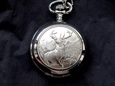 Hirsch Hirsch Taschenuhr Pirsch Englisch Zinn Faced Anhänger poliert & Kette & Box