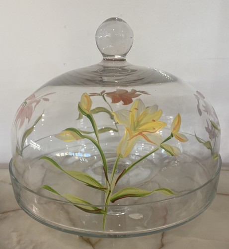 Vintage 10" Diameter Pedestal Cake Plate Glass & Painted Flower Glass Dome Lid - Picture 5 of 8