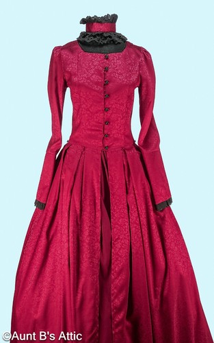Victorian 19th Century Dress Dark Red 3Pc Skirt Over Dress & Lace Choker Small - Picture 3 of 11
