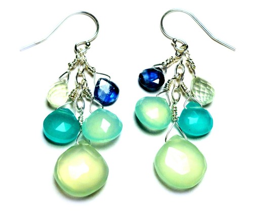 AQUA DANCE; Chalcedony Kyanite Prehnite SS Briolette 1-5/8” Brio Earrings E415i - Picture 1 of 3