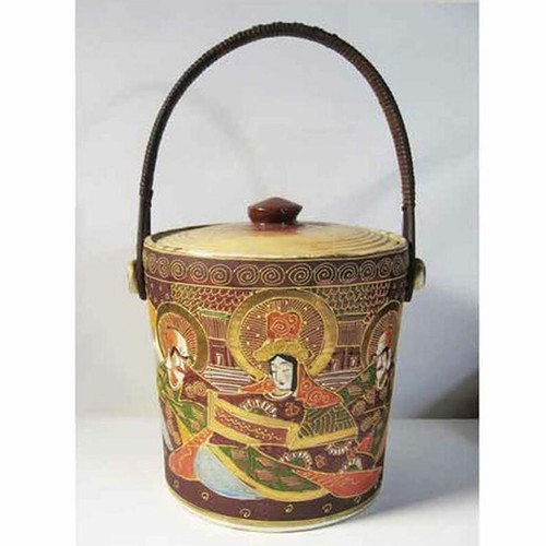 Antique Japanese Pottery Container Bamboo Handle Rustic Chinoiserie Folk Art 7"T - Picture 1 of 9