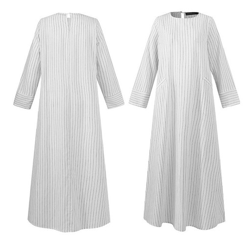 Women Muslim Long Sleeve Full Length Cotton Striped Side Pocket Maxi Shirt Dress - Picture 6 of 11