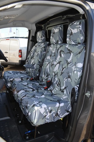 Fundas de asiento camufladas grises impermeables delanteras a medida Vauxhall Vivaro-e 2020+ con bandeja - Imagen 2 de 5