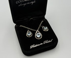 3 Pc. Aquamarine? Pierced Earrings & 19” Necklace Jewelry Set PlatinumPlated NWT