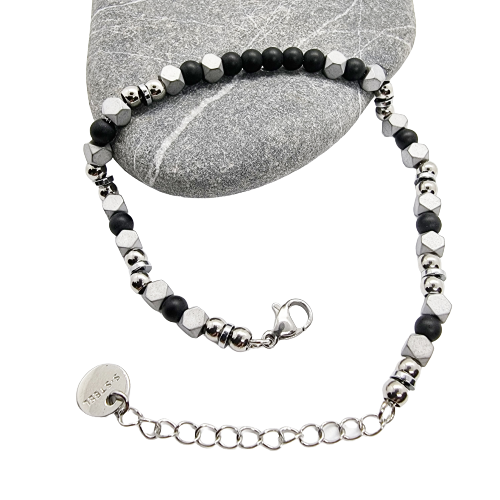 Bracciale in acciaio da uomo inox con pietra dura nera braccialetto pepite per - Foto 5 di 6