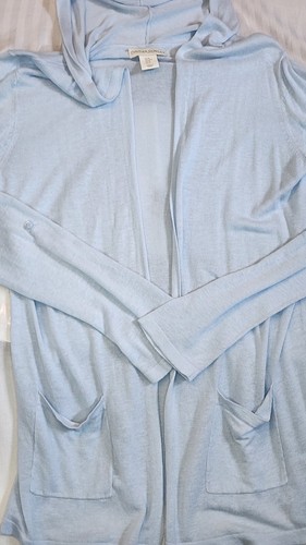 Cynthia Rowley 55% Linen Cardigan Sweater Women M Light Blue Beach Open Hooded - Picture 4 of 10