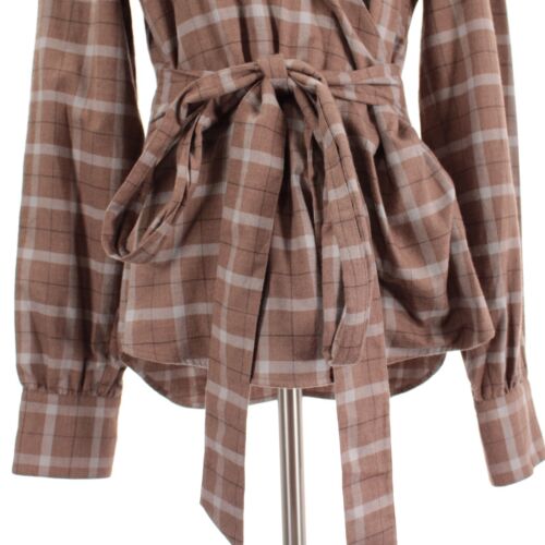 Marissa Webb NWT Mia Lightweight Flannel Wrap Top Size L in Brown/Gray Plaid - Picture 3 of 12