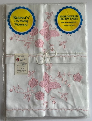 VTG Pair Belcrest’s Embroidered Pillow Cases Butterfly Pink Floral Percale - NEW - Picture 1 of 3