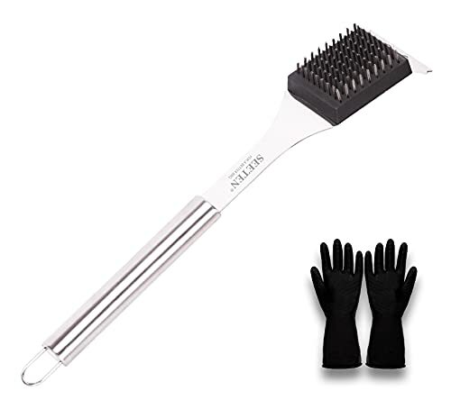 Grill Brush and Scraper with 1 Reusable Cleaning Gloves-Safe 16" Stainless Steel