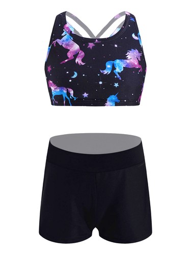 Girls Print Athletic Tankini Set Sport Crop Top with Swim Short Bathing Suits - Picture 126 of 143