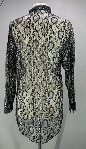 Vtg 70s 80s Black Lace Long Sleeve Tunic Shirt Dress Sexy Lace Silver Black S - Picture 8 of 16