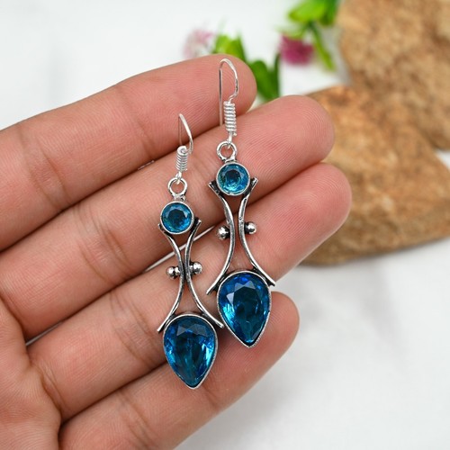 Dainty Blue Topaz Gemstone Handmade 925 Sterling Silver Jewelry Earrings Gift - Picture 6 of 7