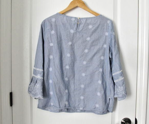 Liz Claiborne M Bluse Baumwolle blau 3/4 Glockenärmel bestickt weiß geblümt - Bild 9 von 18