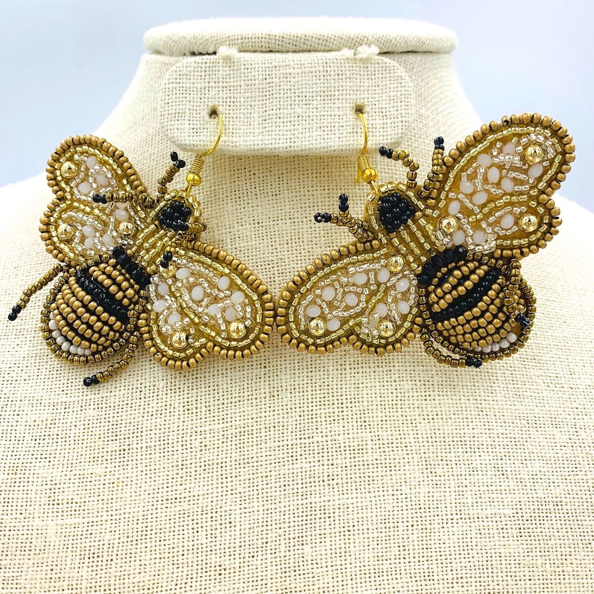Bumble Bee Seed Bead Earrings Beaded Viola 2.6x2.5in