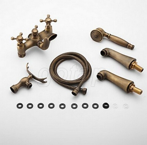 Antique Brass Deck Mounted Bathroom Shower Clawfoot Tub Mixer Faucet Set - Picture 4 of 6