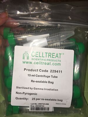 CELLTREAT 15mL Centrifuge Tube 2 Bags of 25 Sterile #229411