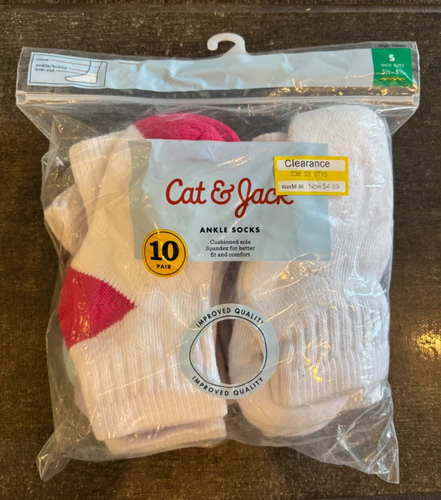 Cat & Jack Kids Socks White Small Shoe Size 5.5-8.5 Ankle Socks Pack of 10 New - Picture 1 of 2