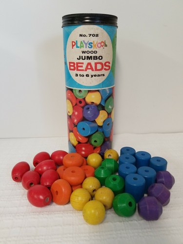 Vintage Playskool Wood Play Beads In Original Container No String 34  Beads Only