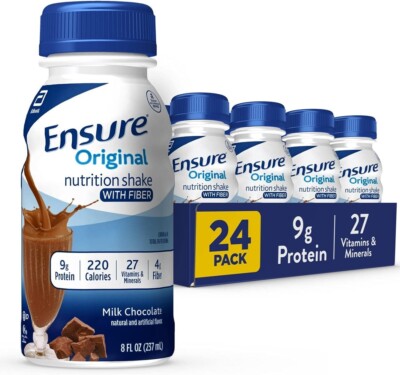 (24 Pack) Ensure Chocolate Nutrition Shake with Fiber, Meal Replacement, 8 Fl Oz