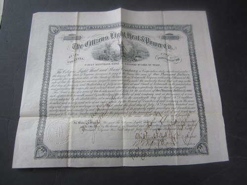 1890 - THE CITIZENS LIGHT HEAT & POWER Co. - BOND Certificate - PORTSMOUTH VA.
