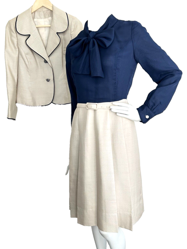 Vintage Baron Peters Dress Jacket Suit Shantung Silk Bow Sparkle Buttons S EUC - Picture 2 of 19