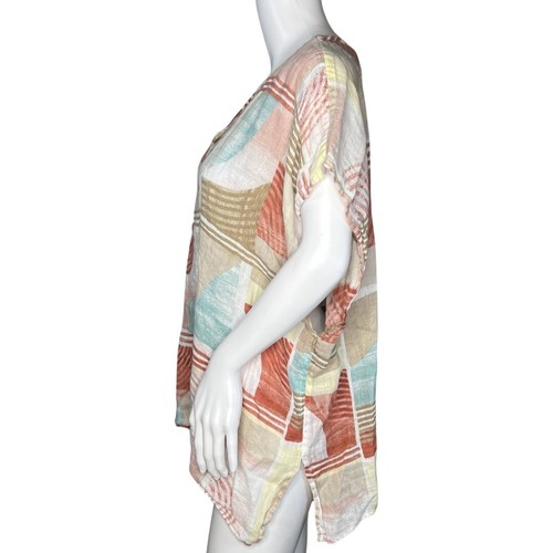 Camisa Chicos Mujer Pequeña Mediana Azul Crema Túnica Top 100% Lino Boho Lagenlook - Imagen 3 de 8