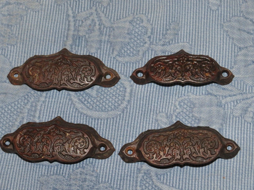 4 Ornate Antique Victorian Cast Iron Bin Pulls - Picture 1 of 8