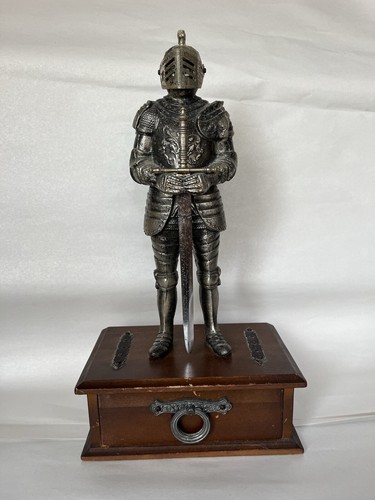 Vintage Armored Guard Holding Letter Opening Sword Mounted On Vintage Box - Picture 1 of 16