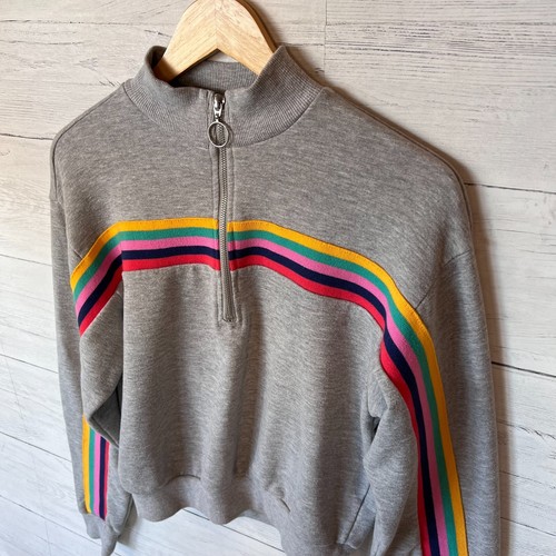 Forever 21 Sweatshirt Womens SZ Medium Gray Cropped 1/2 Zip with Rainbow Preppy - Picture 5 of 15