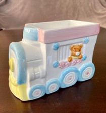 Vintage 90's Baby Ceramics Nursery Planter Vase Choo-Choo TRAIN Pink Blue-5"
