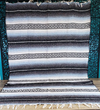 Authentic Mexican Falsa Blanket Blue White Gray 73" x 45" Car Seat Beach Yoga