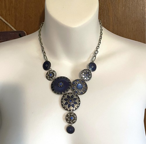 Cobalt Blue and Silver Colored Boho Round Circle Statement Necklace 16" to 19" - Picture 2 of 3