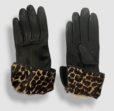 Agnelle Women's Black Leopard-Print Calf Hair Cuff Leather Gloves Size 7.5