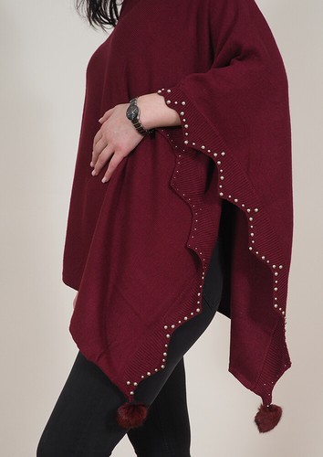 Ladies Poncho Cape Top Knitted One Size Long Warm Soft Feel Pom Pom Premium - Picture 9 of 13