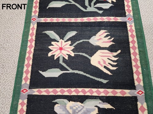 Vintage Wool Needlepoint 76" X 32" Red Green Black Floral Hall or Kitchen Rug - Picture 7 of 14