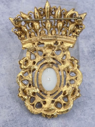 R Serbin Crown Brooch Rhinestones Faux Pearl Cabochon - Picture 4 of 6